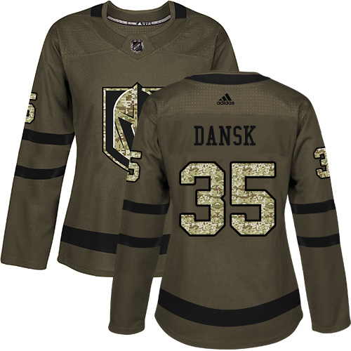 Adidas Golden Knights #35 Oscar Dansk Green Salute to Service Women's Stitched NHL Jersey - Click Image to Close